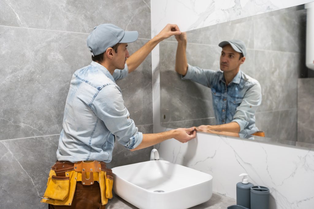 Man,Installing,A,Mirror,On,Wall,In,His,Renewed,Bathroom