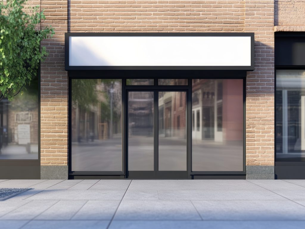 A,Storefront,With,A,Blank,Sign,Mockup,Above,A,Large